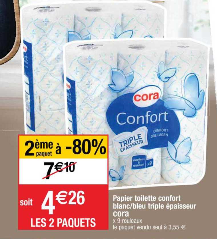 papier toilette confort blanc-bleu triple épaisseur cora