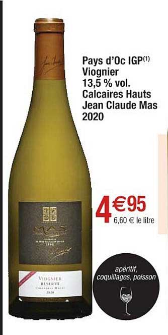 pays d'oc igp viognier 13,5% vol. calcaires hauts jean claude mas 2020
