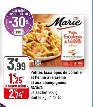 petites escalopes de volaille et penne à la crème et aux champignons marie