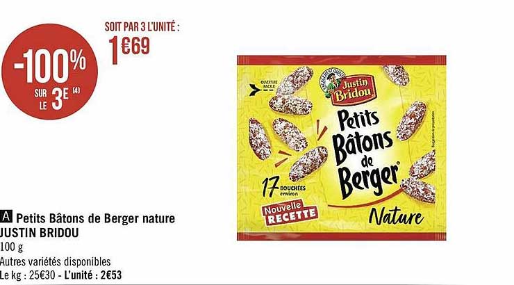 petits bâtons de berger nature justin bridou -100% sur le 3e