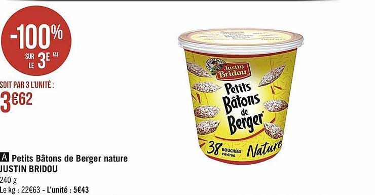 petits bâtons de berger nature justin bridou -100% sur le 3e