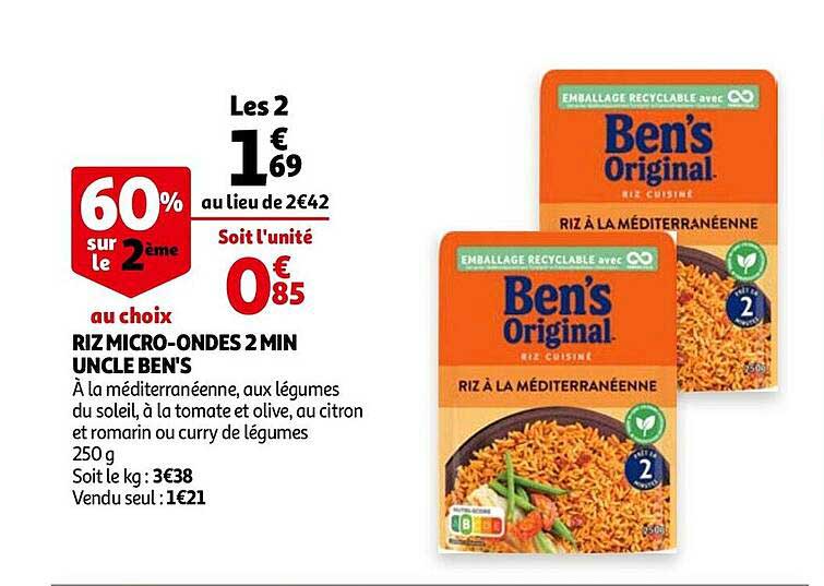 Riz Micro-ondes 2 Min Uncle Ben's 60% Sur Le 2ème Au Choix