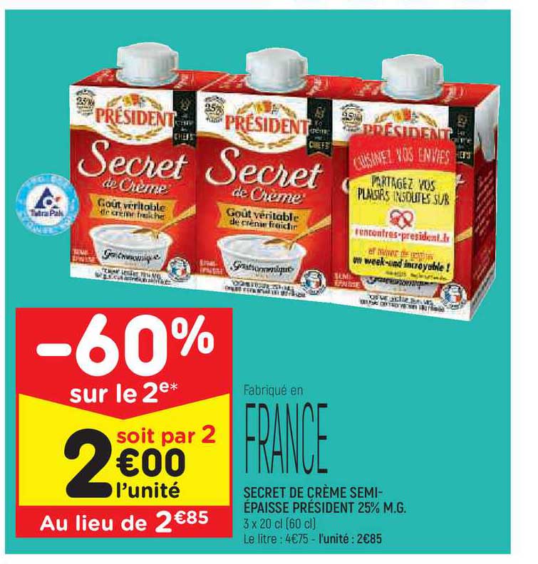 secret de crème semi-épaisse président 25% m.g.