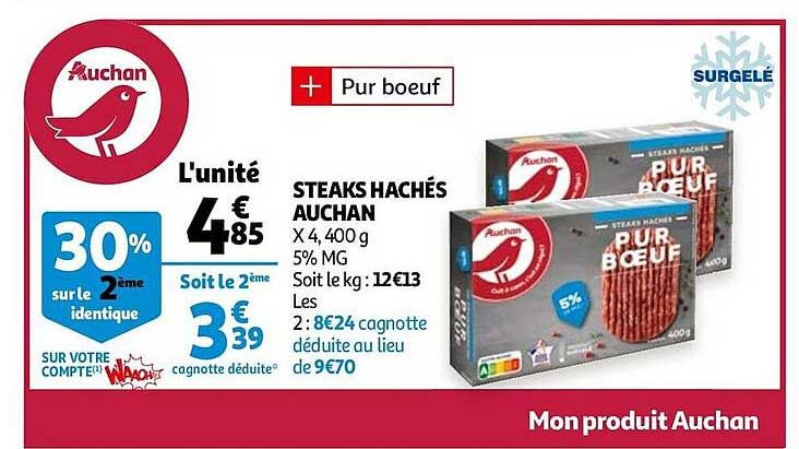 steaks hachés auchan 30% sur le 2ème identique