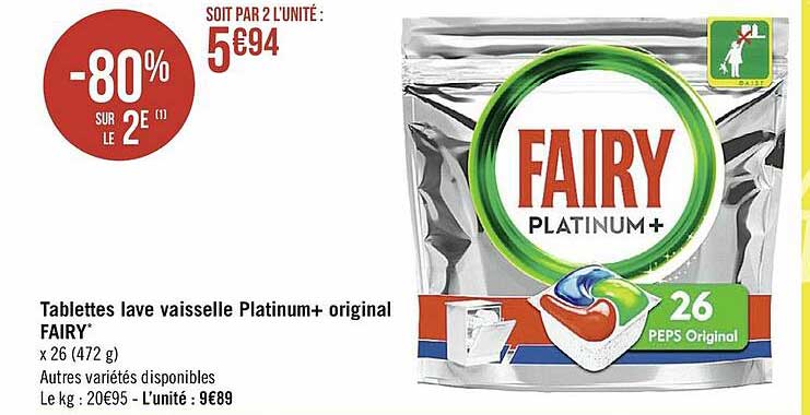 tablettes lave vaisselle platinum+ original fairy -80% sur le 2e