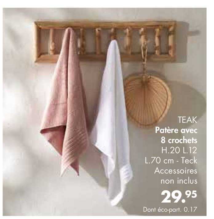 teak patère avec 8 crochets