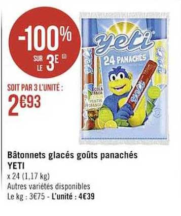 bâtonnets glacés goûts panachés yeti