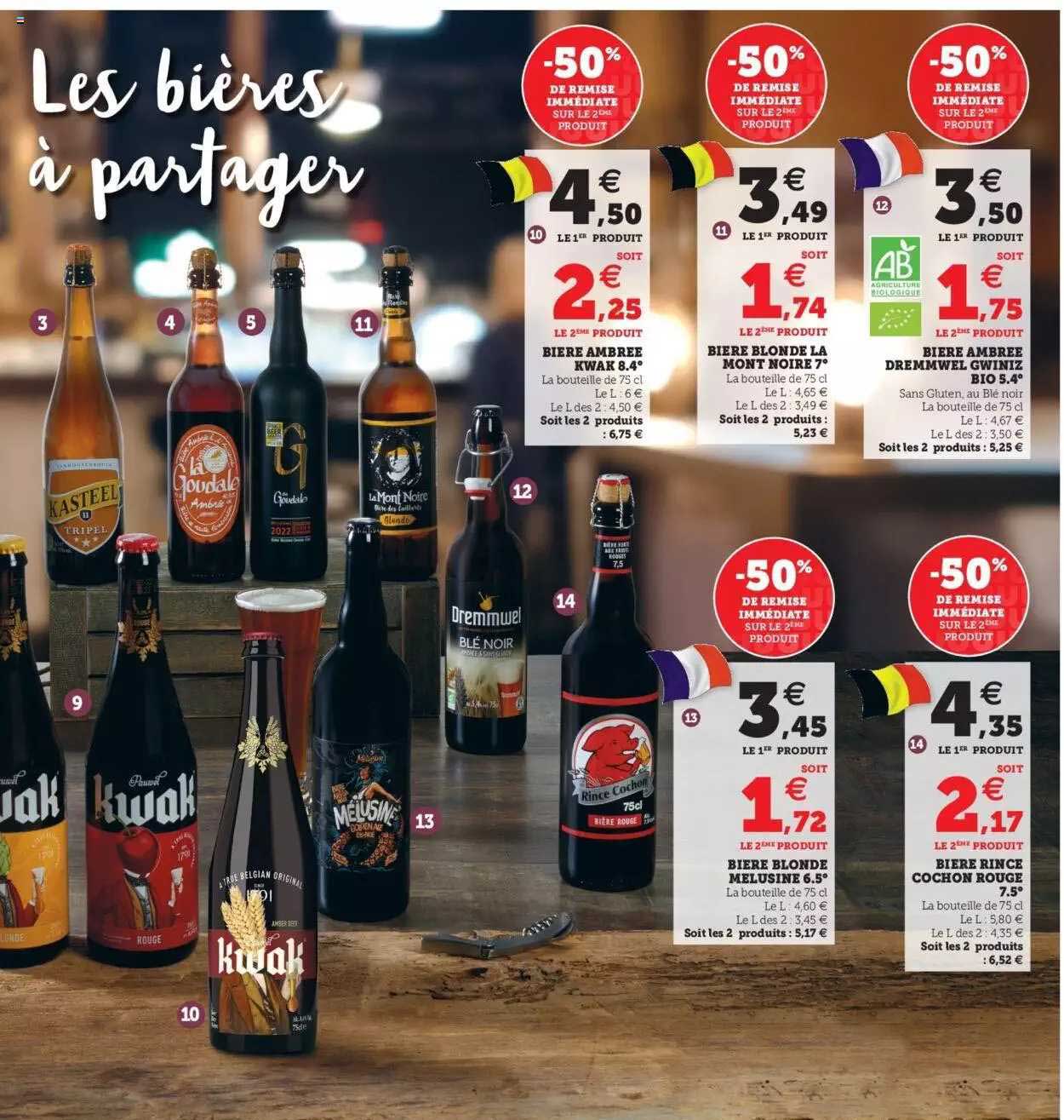 bière ambrée kwak 8.4°, bière blonde la mont noire 7°, bière ambrée dremmwel gwiniz bio 5.4°, bière blonde melusine 6.5°, bière rince cochon rouge 7.5°