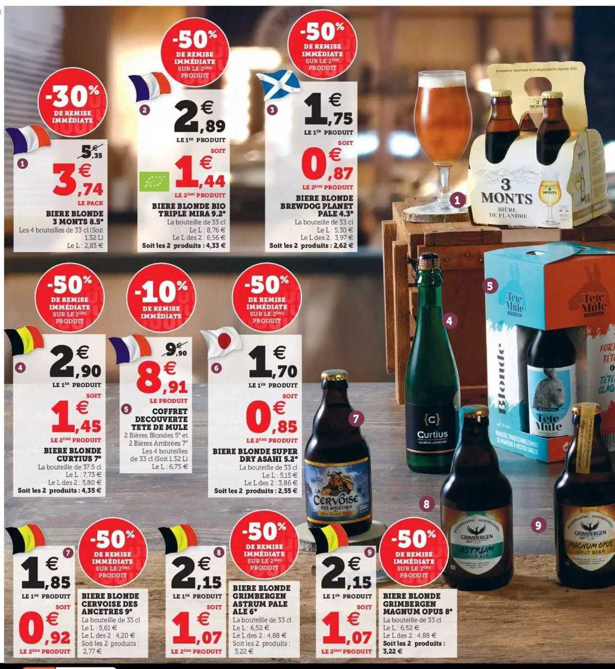 bière blonde 3 monts 8.5°, bière blonde bio triple mira 9.2°, bière blonde brewdog planet pale 4.3°, bière blonde curtius 7°, coffret découverte tête de mule, bière blonde super dry asahi 5.2°