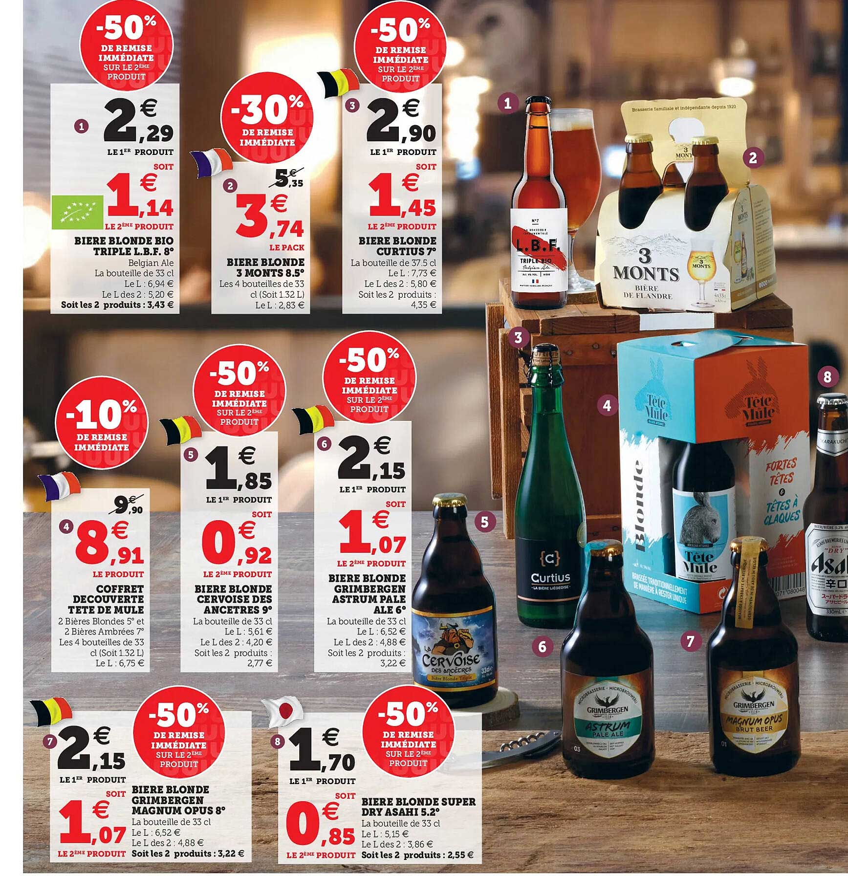 bière blonde bio triple l.b.f. 8°, bière blonde 3 monts 8.5°, bière blonde curtius 7°, coffret découverte tête de mule, bière blonde cervoise des ancêtres 9°, bière blonde grimbergen astrum pale ale