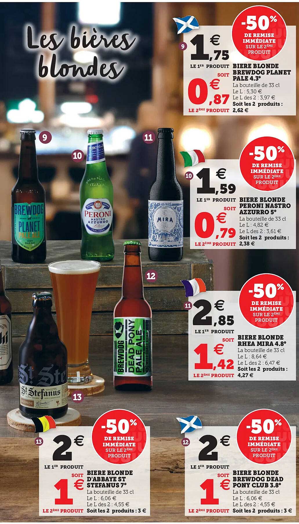 bière blonde brewdog planet pale 4.3°, bière blonde peroni nastro azzurro 5°, bière blonde rhea mira 4.8°, bière blonde d'abbaye st stefanus, bière blonde brewdog dead pony club 3.8°