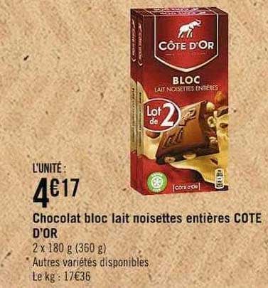 Chocolat Bloc Lait Noisettes Entières Côte D'or