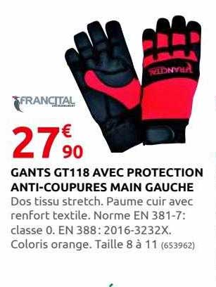gants gt118 avec protection anti-coupures main gauche francital