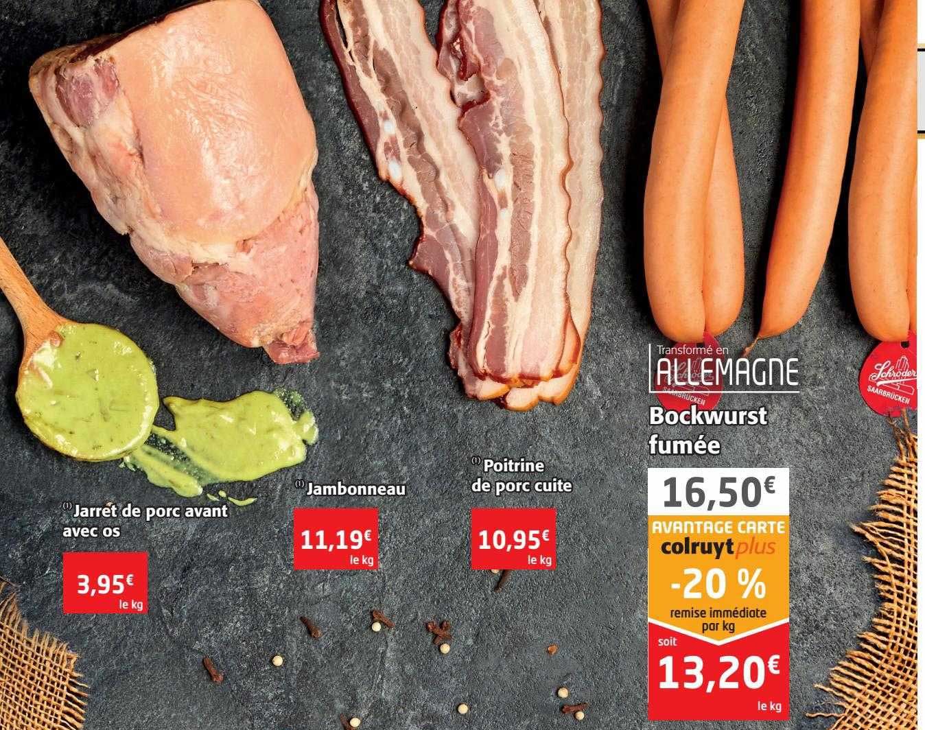 jarret de porc avant avec os, jambonneau, poitrine de porc cuite, bockwurst fumée