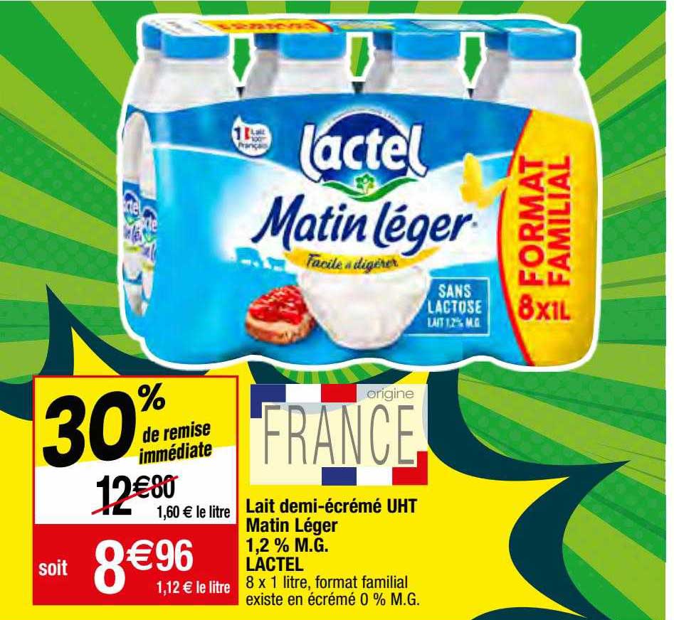 lait demi-écrémé uht matin léger 1,2% m.g. lactel