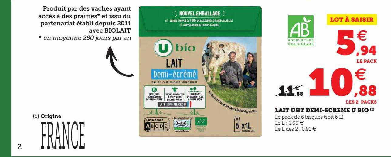 lait uht demi-écrémé u bio