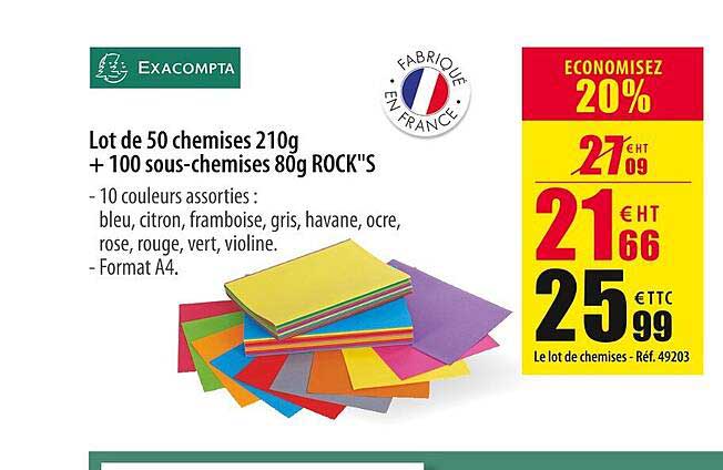 lot de 50 chemises 210 g + 100 sous-chemises 80 g rock"s exacompta