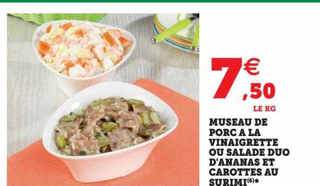 museau de porc à la vinaigrette ou salade duo d'ananas et carottes au surimi