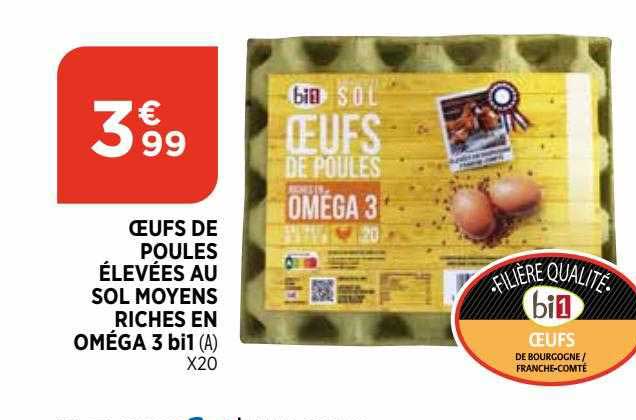 oeufs de poules élevées au sol moyens riches en oméga 3 bi1