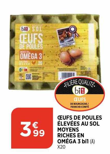 oeufs de poules élevées au sol moyens riches en oméga 3 bi1