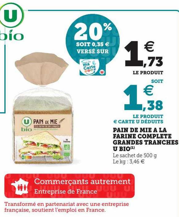 pain de mie à la farine complète grandes tranches u bio