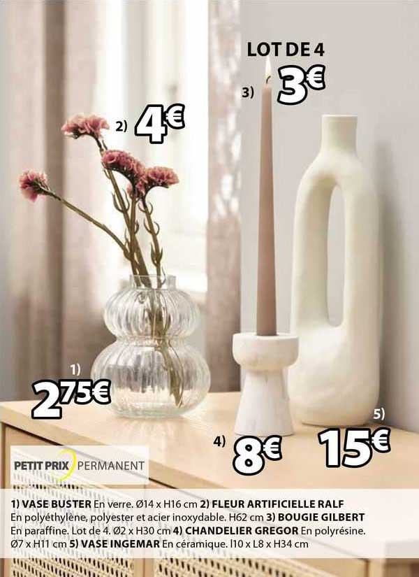 vase buster, fleur artificielle ralf, bougie gilbert, chandelier gregor, vase ingemar