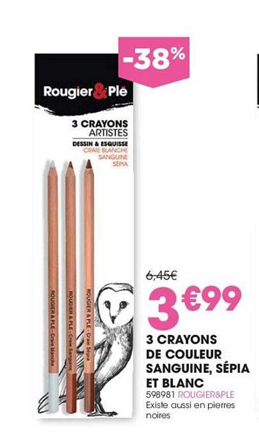 3 crayons de couleur sanguine, sépia et blanc rougier&plé