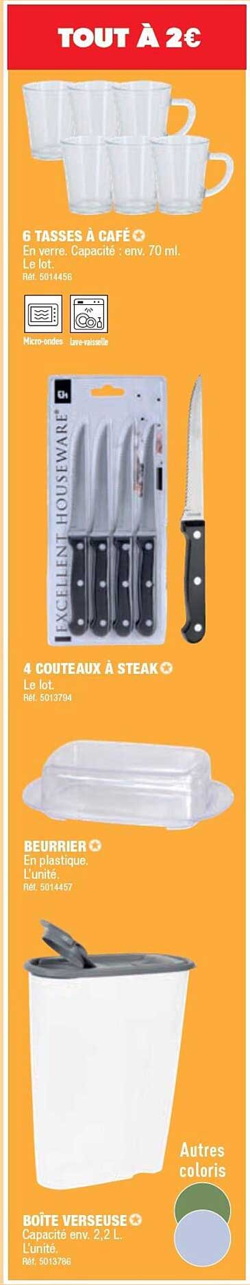 6 Tasses à Cafés, 4 Couteaux à Steak, Beurrier, Boîte Verseuse