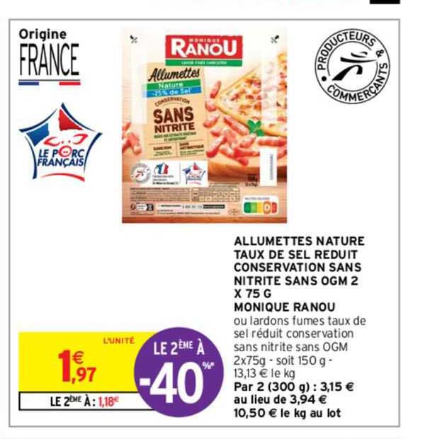 allumettes nature taux de sel réduit conservation sans nitrite sans ogm 2x 75g