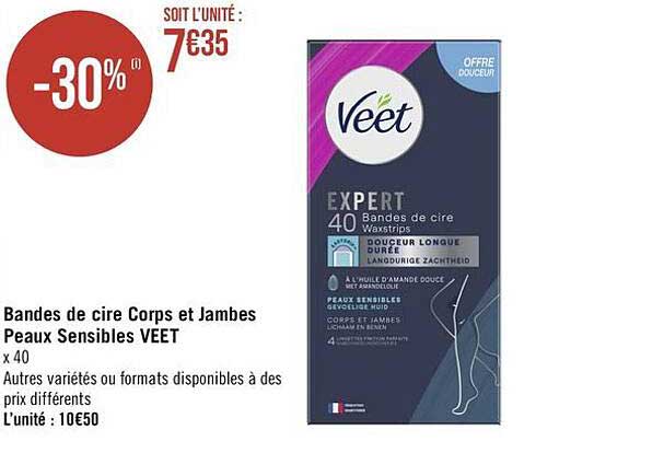 bandes de cire corps et jambes peaux sensibles veet