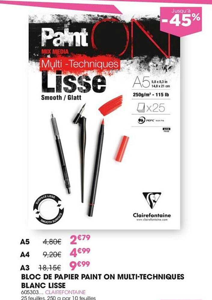 Bloc De Papier Paint On Multi-techniques Blanc Lisse Clairefontaine A5, A4, A3