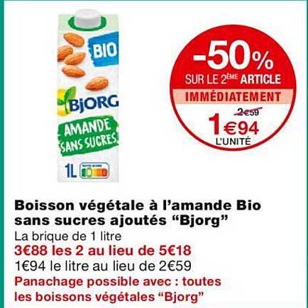 boisson végétale à l'amande bio sans sucres ajoutés "bjorg"