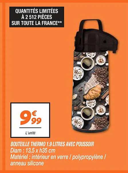 bouteille thermo 1.9 litres avec poussoir