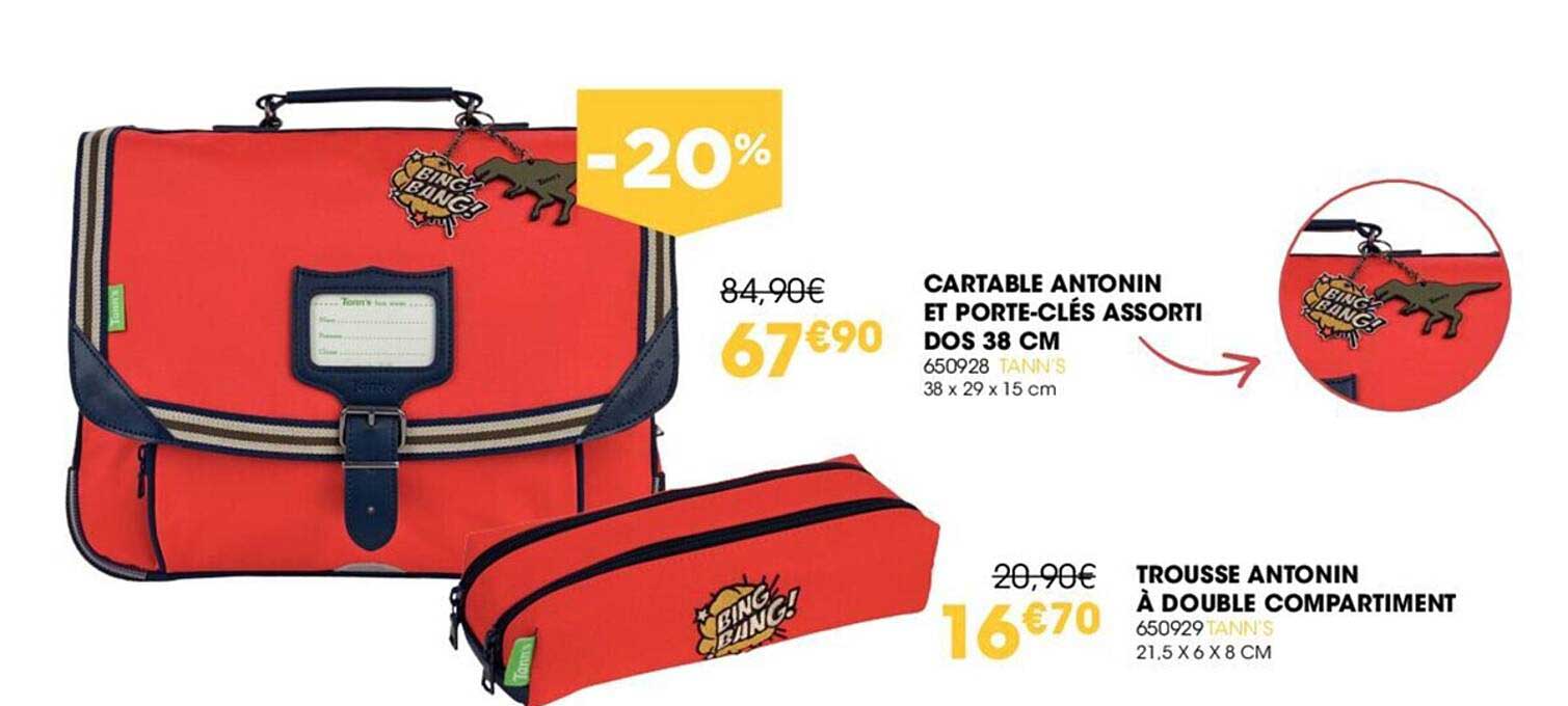cartable antonin et porte-clés assorti dos 38 cm, trousse antonin à double compartiment tann's
