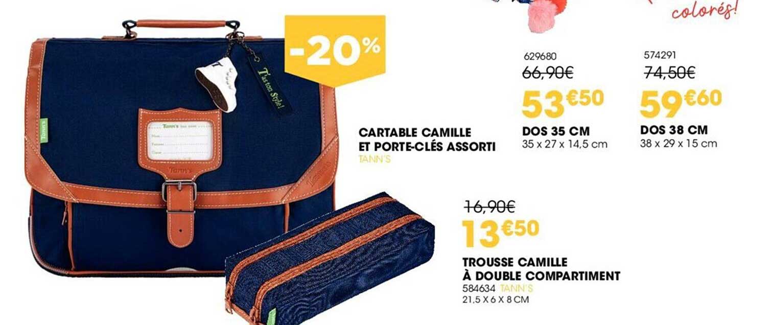 cartable camille et porte-clés assorti, trousse camille à double compartiment tann's