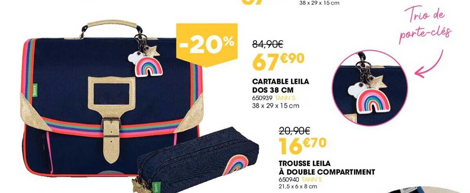 cartable leila dos 38 cm tann's, trousse leila à double compartiment tann's