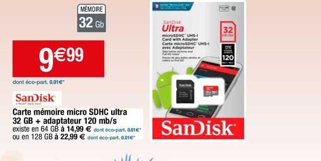 carte memoire micro sdhc ultra 32 gb + adaptateur 120 mb/s