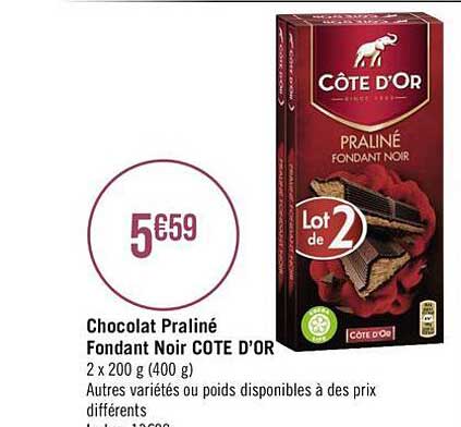 Chocolat Praliné Fondant Noir Côte D'or