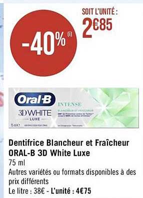dentifrice blancheur et fraîcheur oral-b 3d white luxe