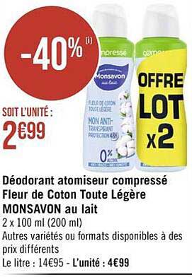 déodorant atomiseur compressé fleur de coton toute légère monsavon au lait