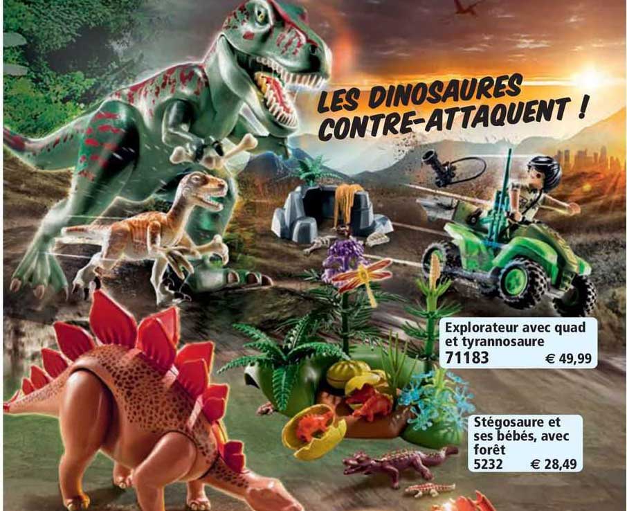 explorateur avec quad et tyrannosaure, stégosaure et ses bébés, avec forêt