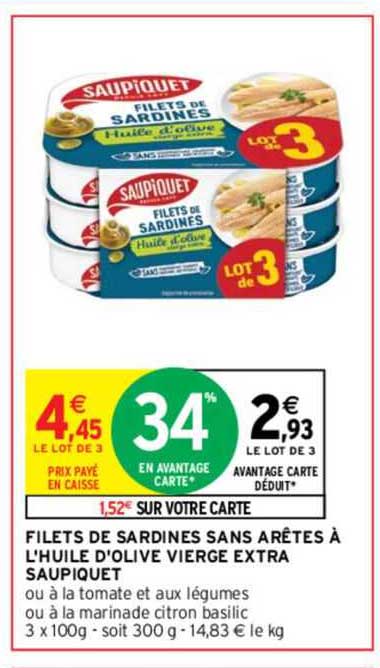 filets de sardines sans arêtes à l'huile d'olive vierge extra saupiquet