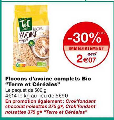flocons d'avoine complets bio "terre et céréales"