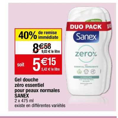 gel douche zero essentiel pour peaux normales sanex