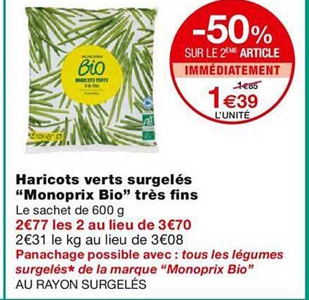 haricots verts surgelés "monoprix bio" très fins