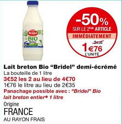 lait breton bio "bridel" demi-écrémé