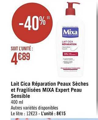 lait cica réparation peaux sèches et fragilisées mixa expert peau sensible
