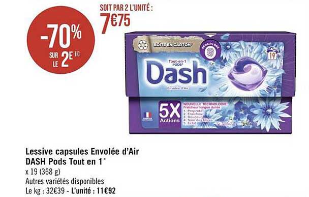 lessive capsules envolée d'air dash pods tout en 1