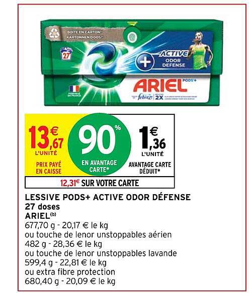 lessive pods+ active odor défense 27 doses ariel