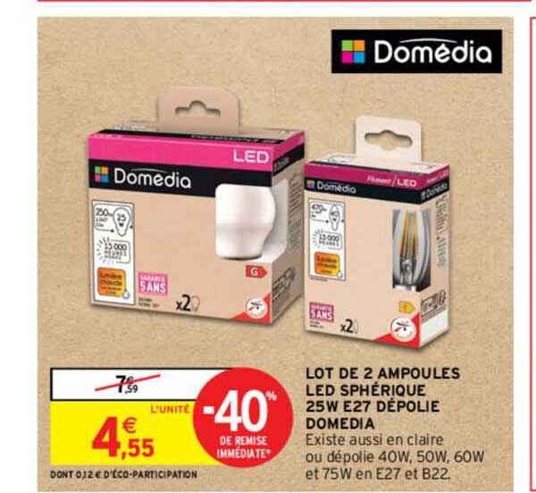 lot de 2 ampoules led sphérique 25w e27 dépolie domédia